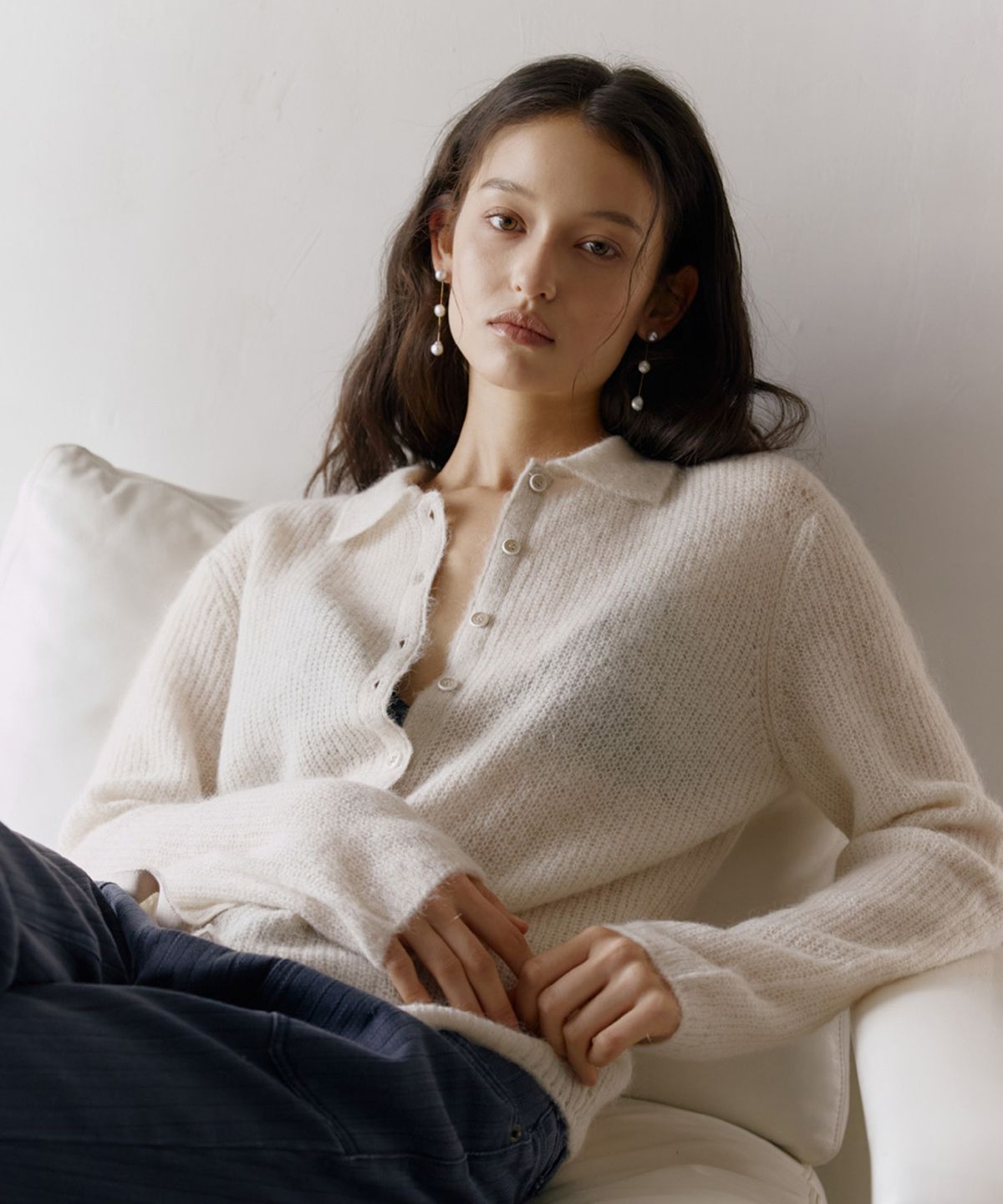 닌닛(NINNIT) Alpaca mohair collared cardigan (LIGHT BEIGE)