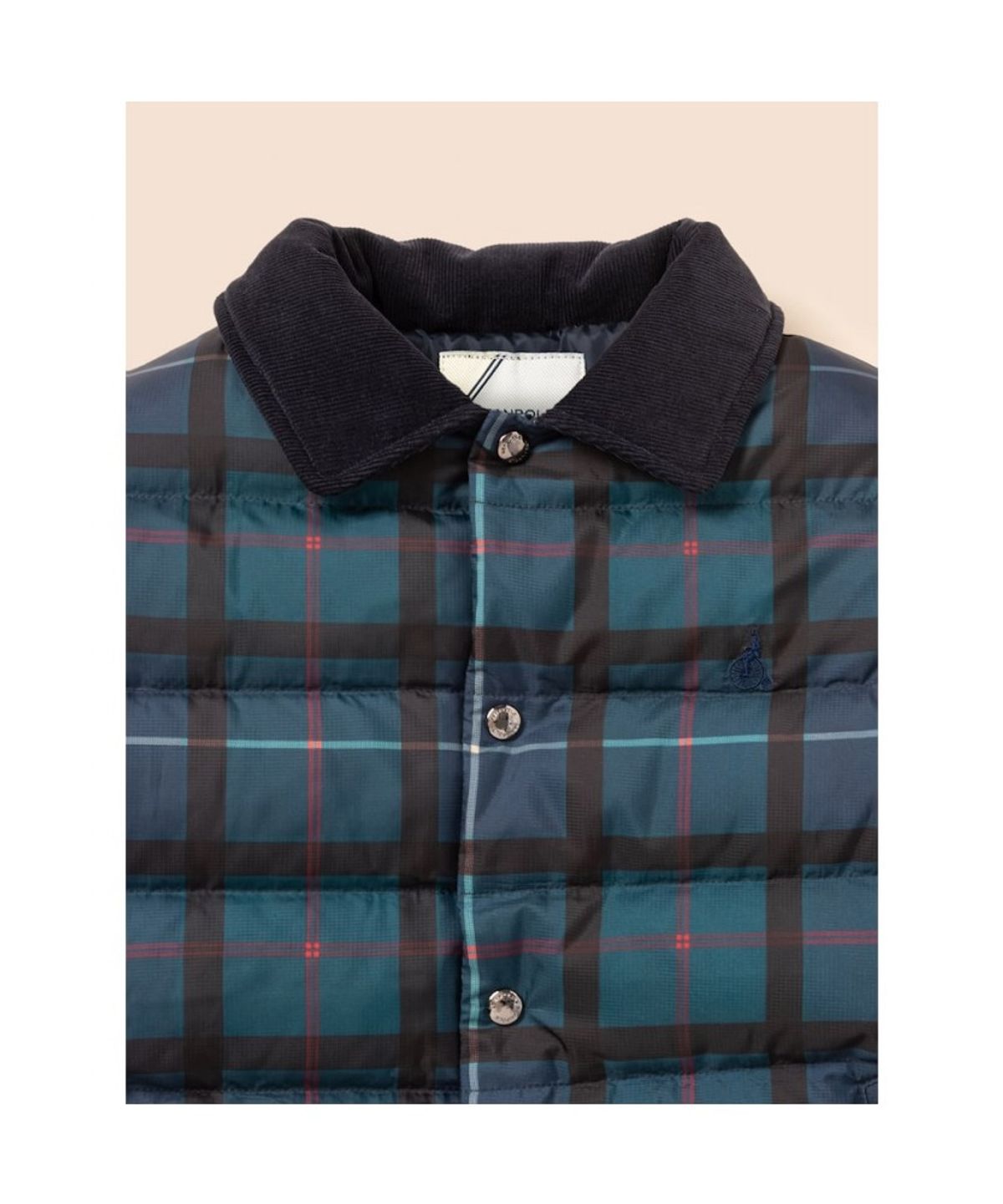 빈폴 키즈(BEANPOLE KIDS) 헤릿체크 포인트 한줌 칼라넥 경량 덕다운 숏패딩  네이비 (BI6938U13R)