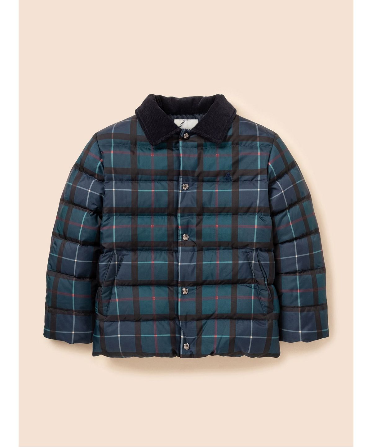 빈폴 키즈(BEANPOLE KIDS) 헤릿체크 포인트 한줌 칼라넥 경량 덕다운 숏패딩  네이비 (BI6938U13R)