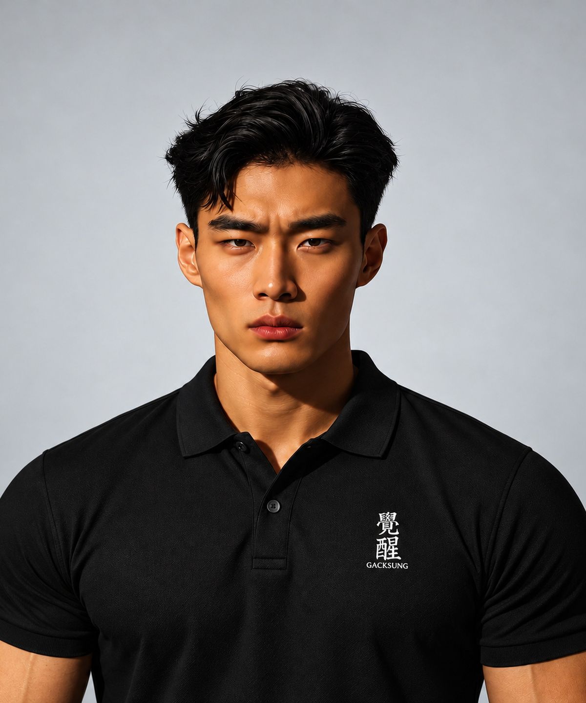 각성(GACKSUNG) 각성 머슬핏 카라 반팔 트레이너 티셔츠