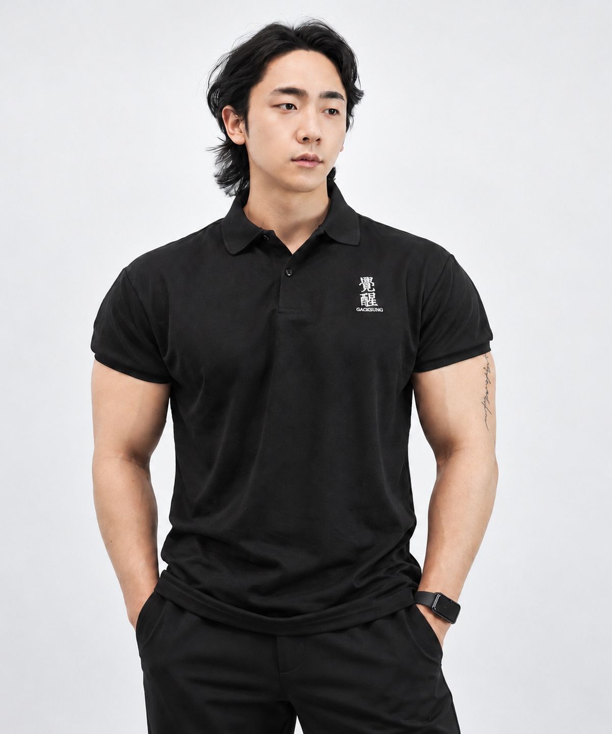 각성(GACKSUNG) 각성 머슬핏 카라 반팔 트레이너 티셔츠