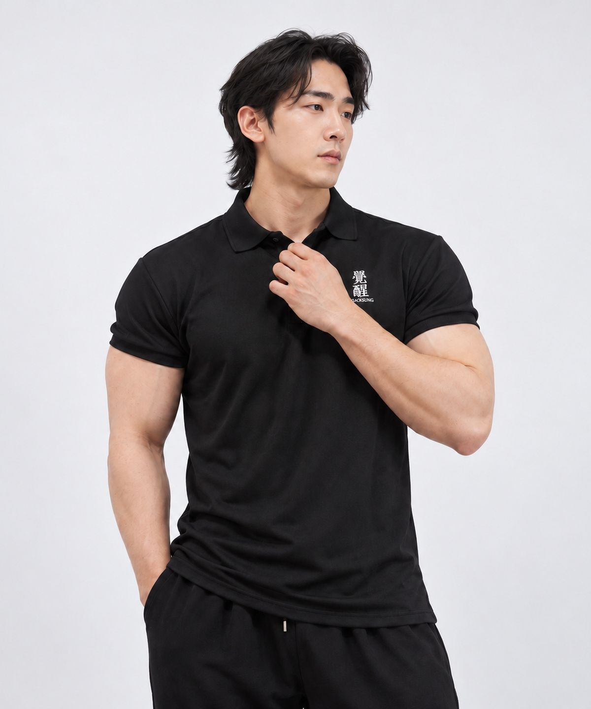 각성(GACKSUNG) 각성 머슬핏 카라 반팔 트레이너 티셔츠