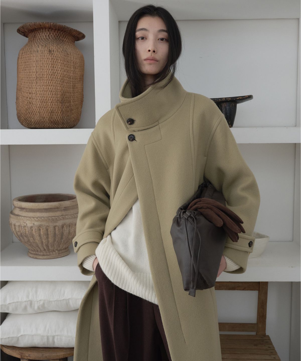 프롬웨얼(FROMWHERE) 하이넥 울 싱글 롱코트 Beige