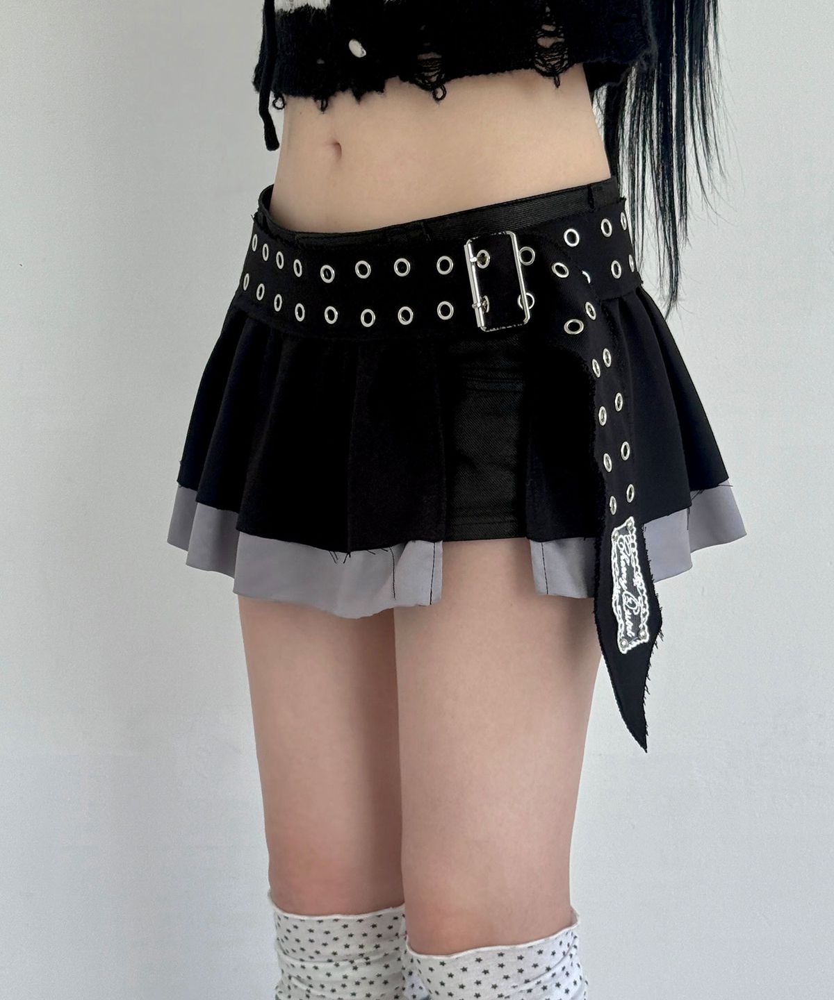 체리퀴리(CHERRYQUIRI) pleats layered skirt belt - black
