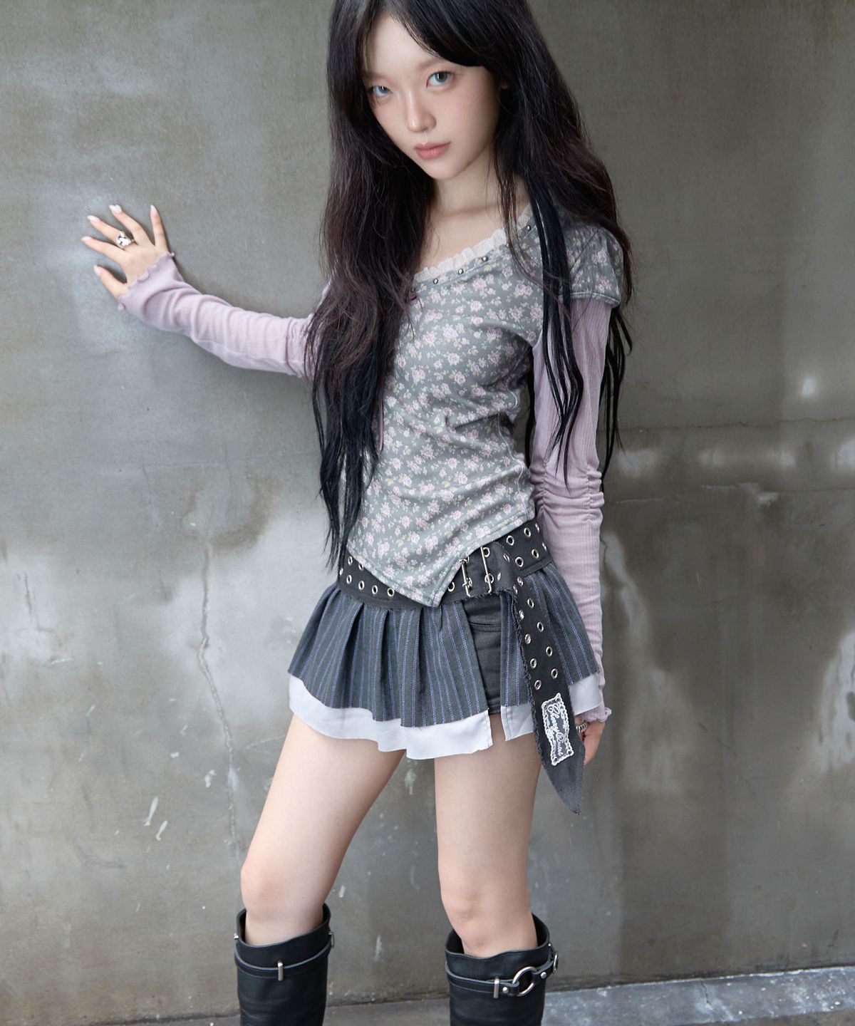 체리퀴리(CHERRYQUIRI) pleats layered skirt belt - charcoal stripe