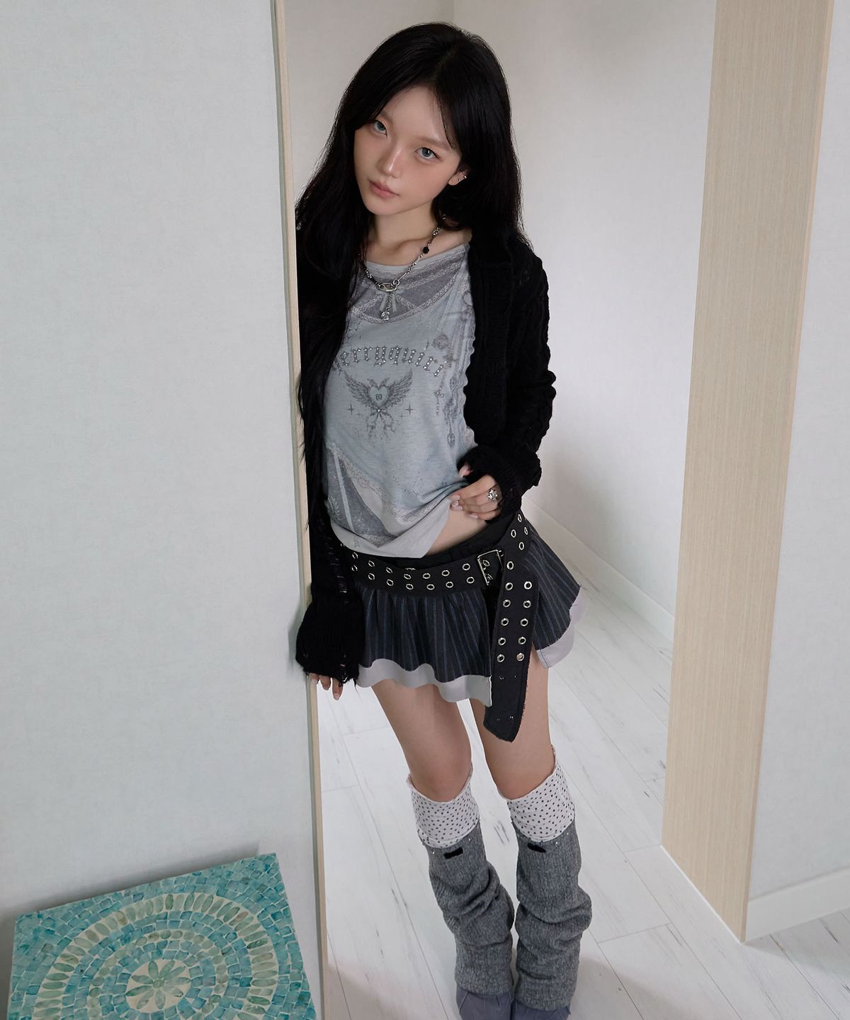 체리퀴리(CHERRYQUIRI) pleats layered skirt belt - charcoal stripe