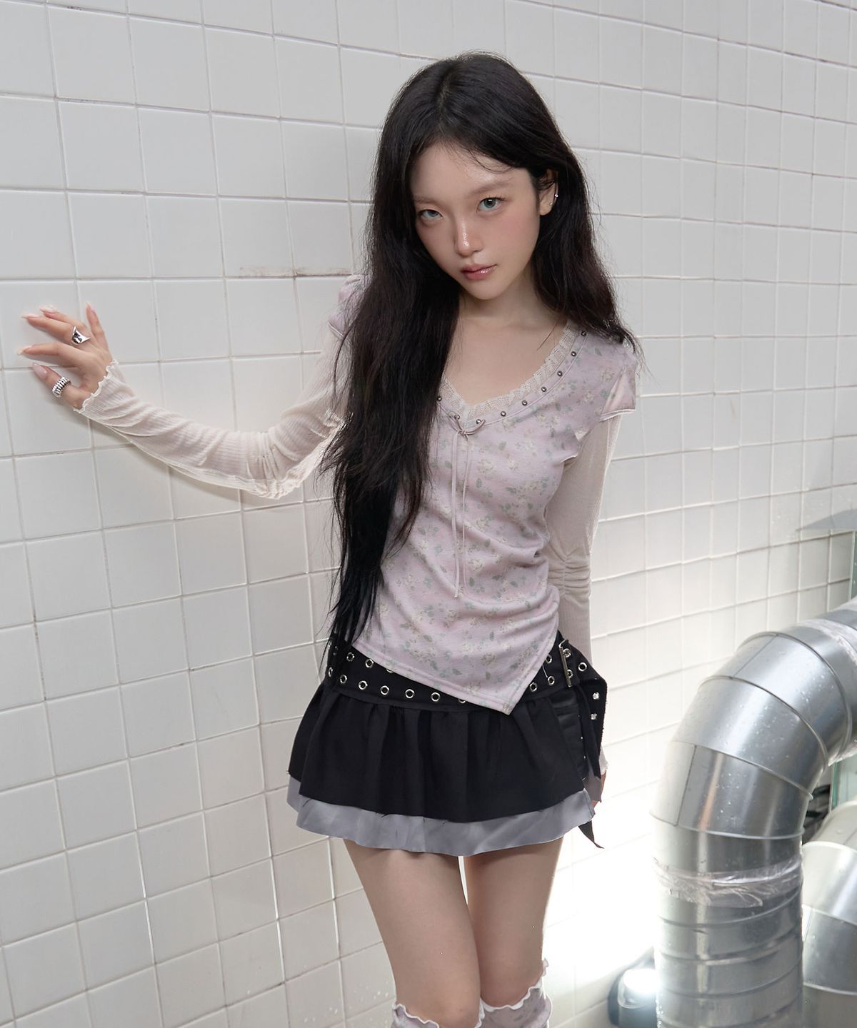 체리퀴리(CHERRYQUIRI) dusty rose layered tee - dusty pink