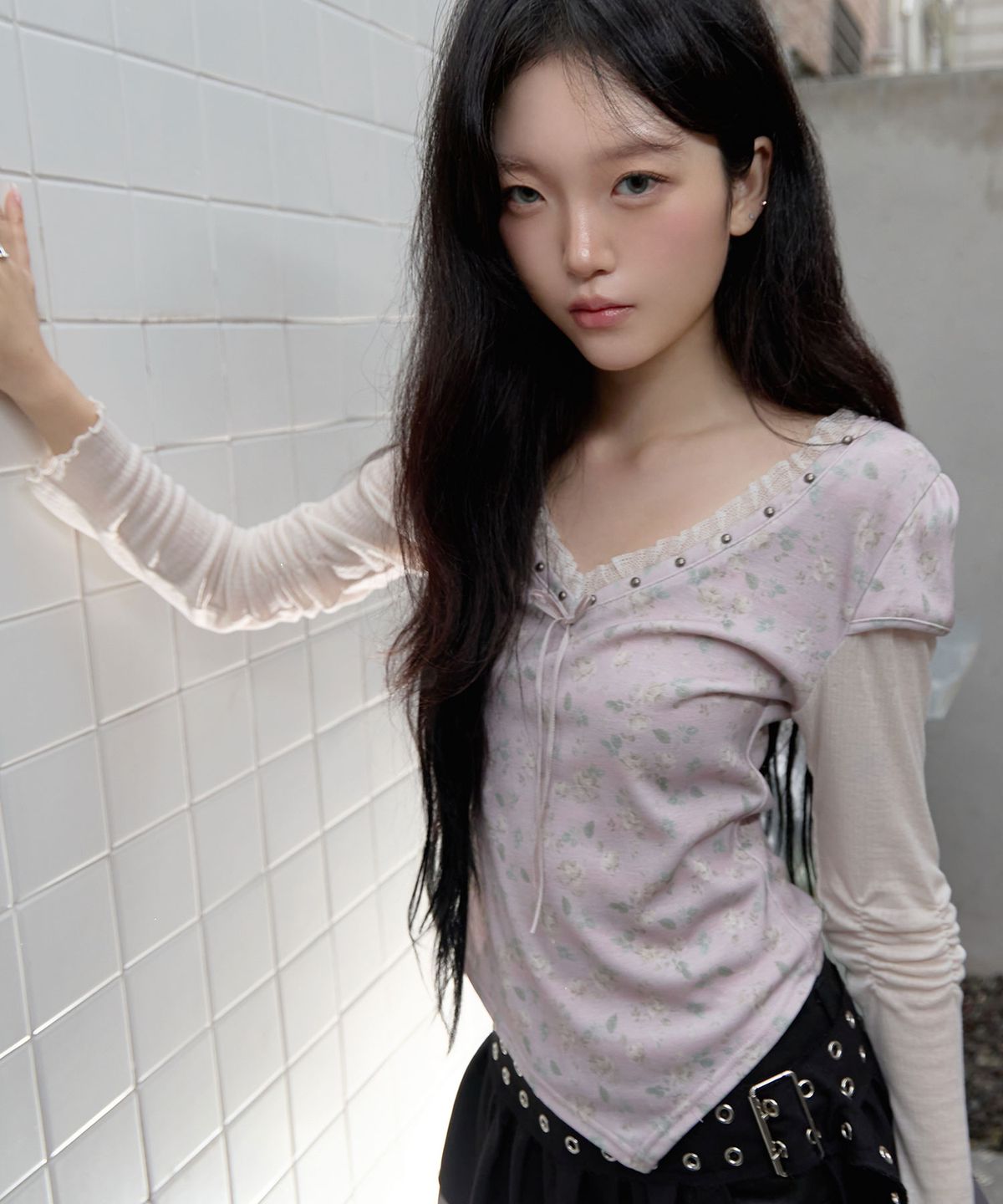체리퀴리(CHERRYQUIRI) dusty rose layered tee - dusty pink