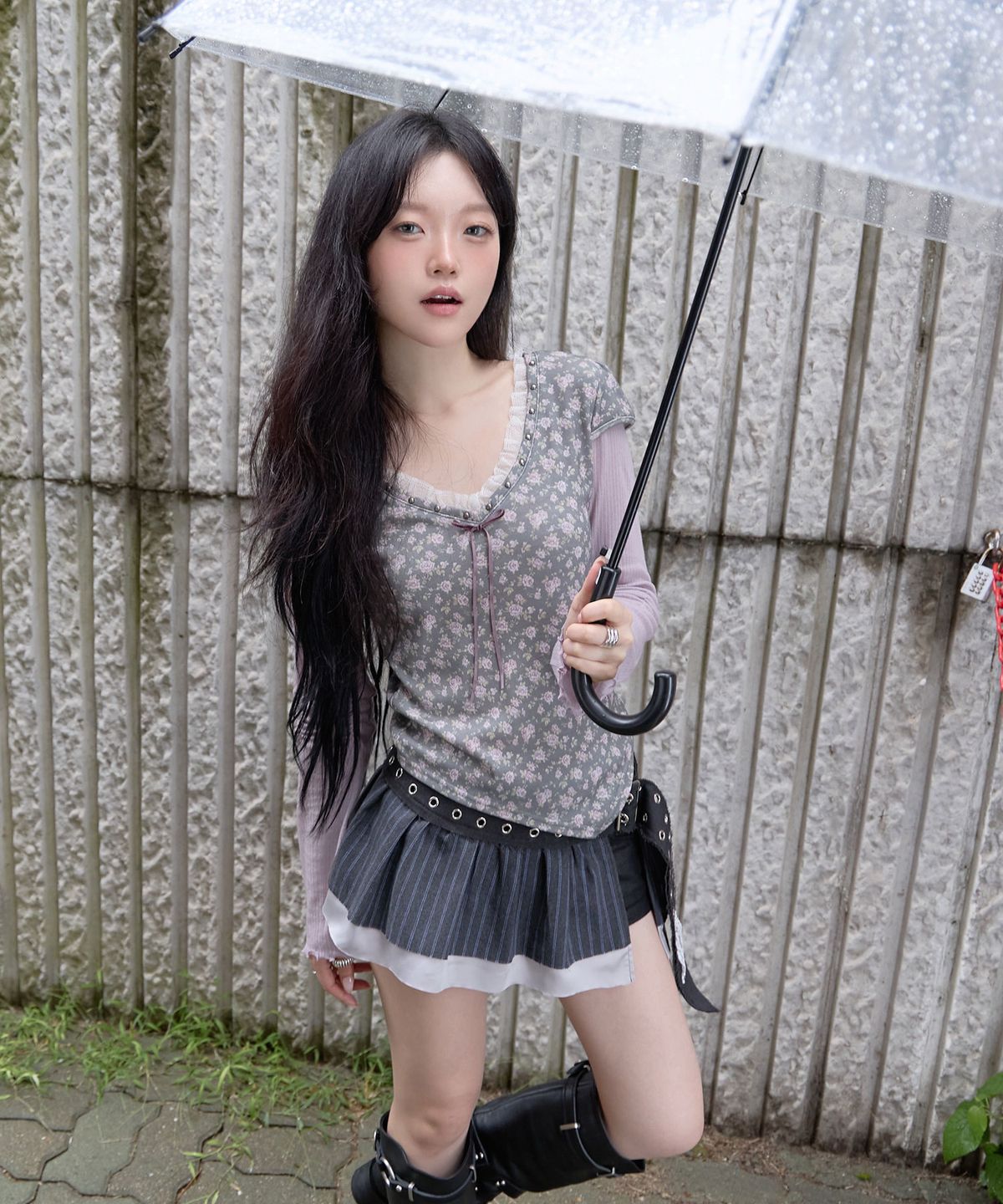 체리퀴리(CHERRYQUIRI) dusty rose layered tee - vintage charcoal