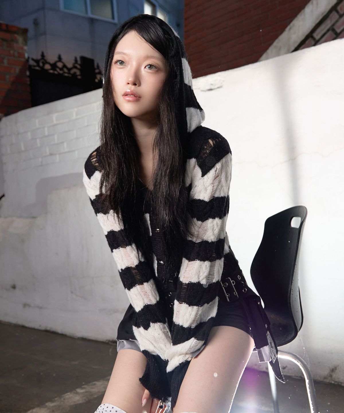 체리퀴리(CHERRYQUIRI) damage knit hoody cd - black stripe