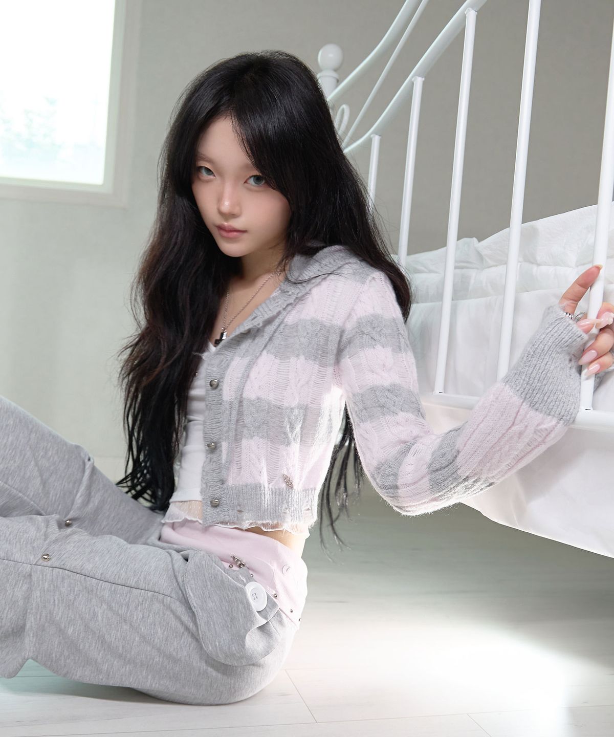 체리퀴리(CHERRYQUIRI) damage knit hoody cd - pink stripe