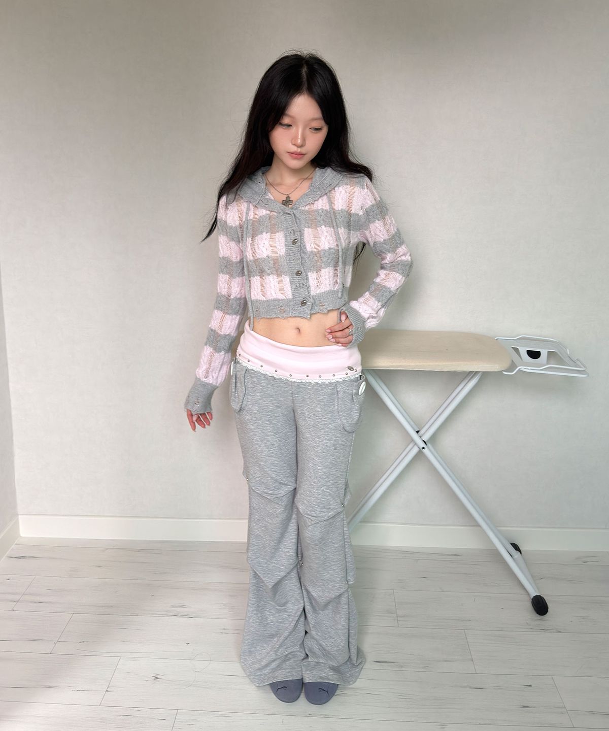 체리퀴리(CHERRYQUIRI) damage knit hoody cd - pink stripe