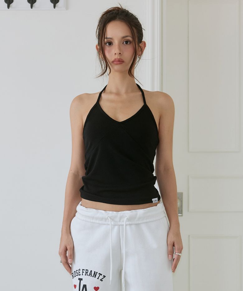 Halter Neck Layered Tank Top [Black]