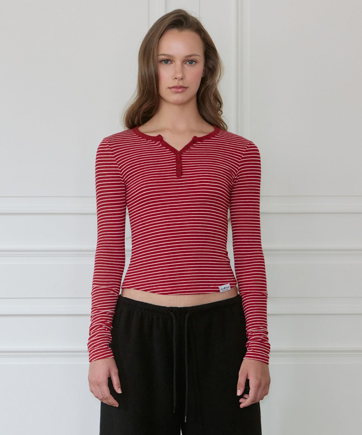 로제프란츠(ROSEFRANTZ) Striped Wool Henley Long Sleeve [Rose Red]