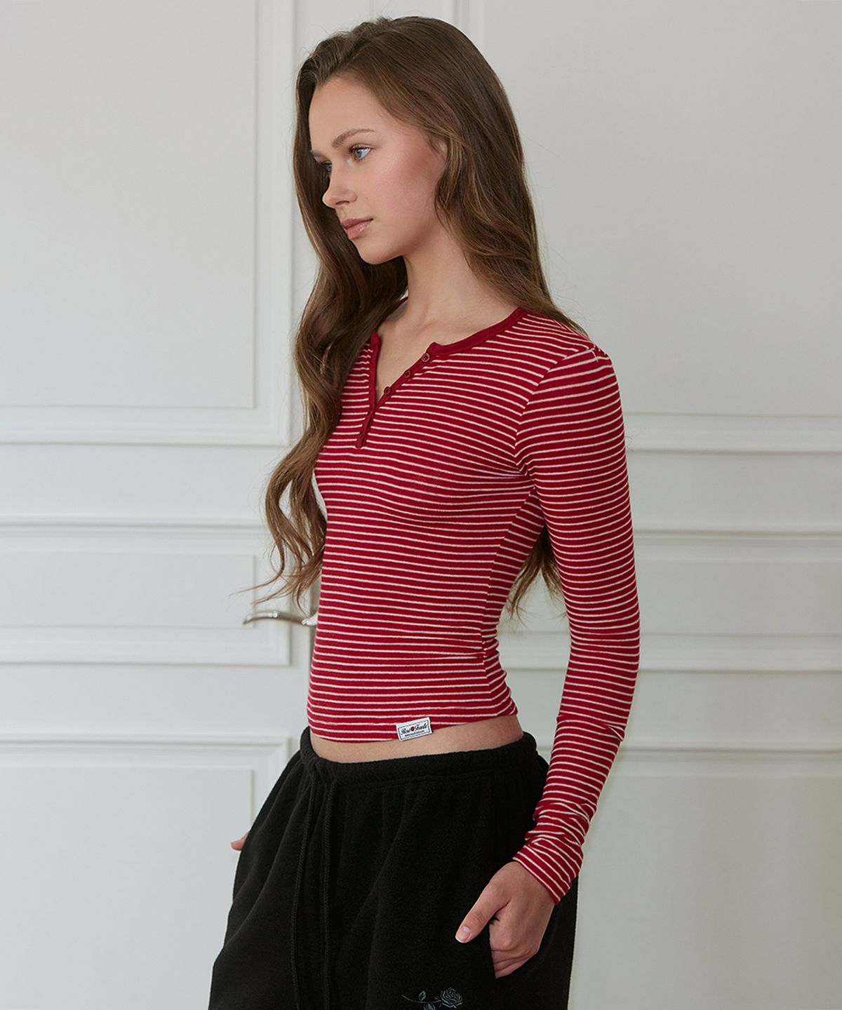 로제프란츠(ROSEFRANTZ) Striped Wool Henley Long Sleeve [Rose Red]