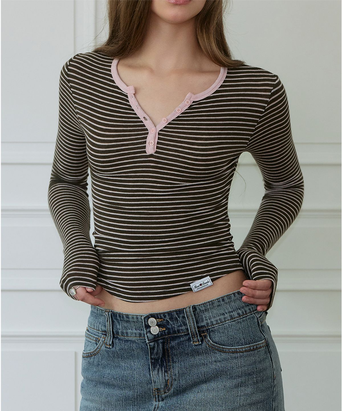 로제프란츠(ROSEFRANTZ) Striped Wool Henley Long Sleeve [Brown]