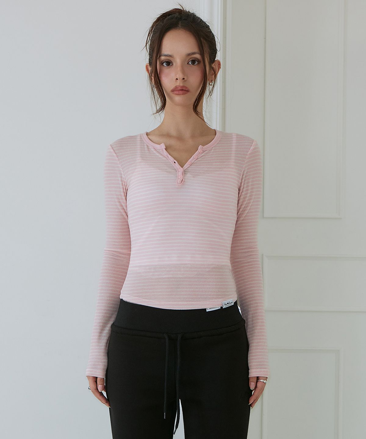 로제프란츠(ROSEFRANTZ) Striped Wool Henley Long Sleeve [Pink]