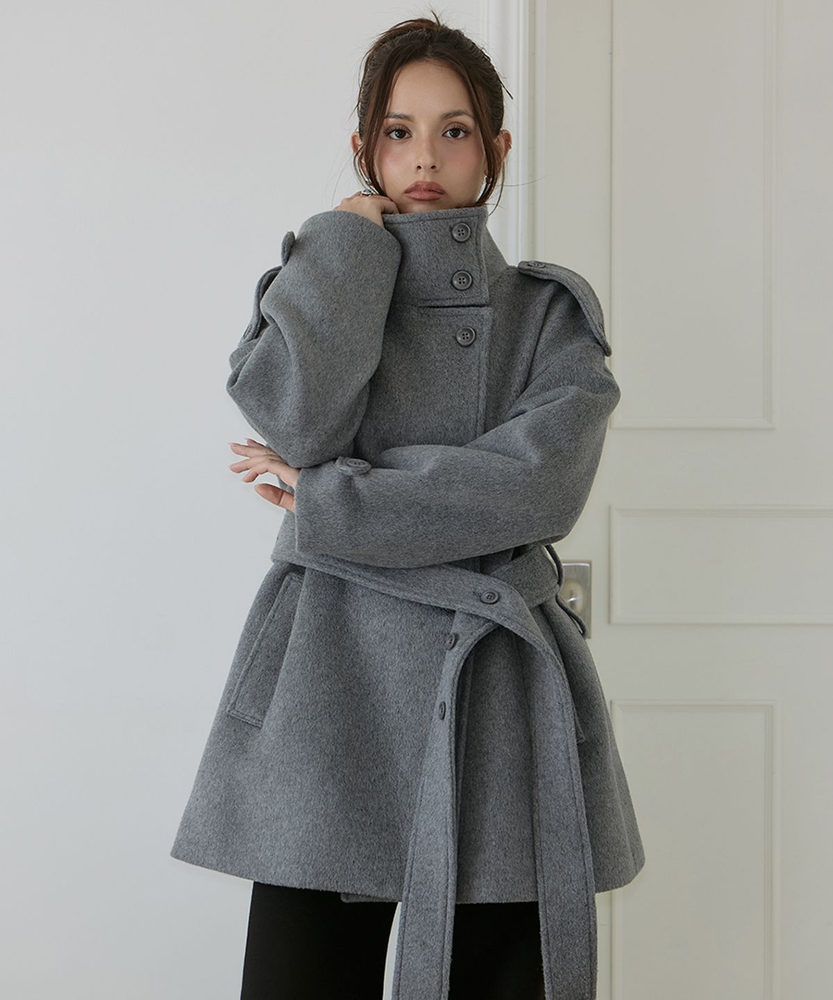로제프란츠(ROSEFRANTZ) Belted Funnel-Neck Wool Half Coat [Gray]