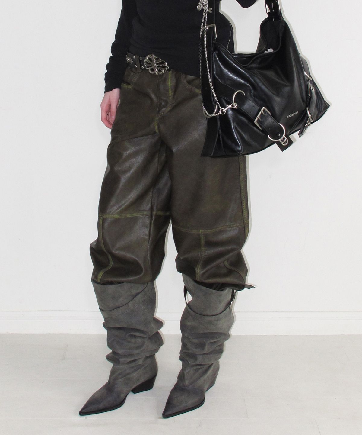 인스턴트펑크(INSTANTFUNK) WASHED LEATHER PANEL PANTS - BROWN