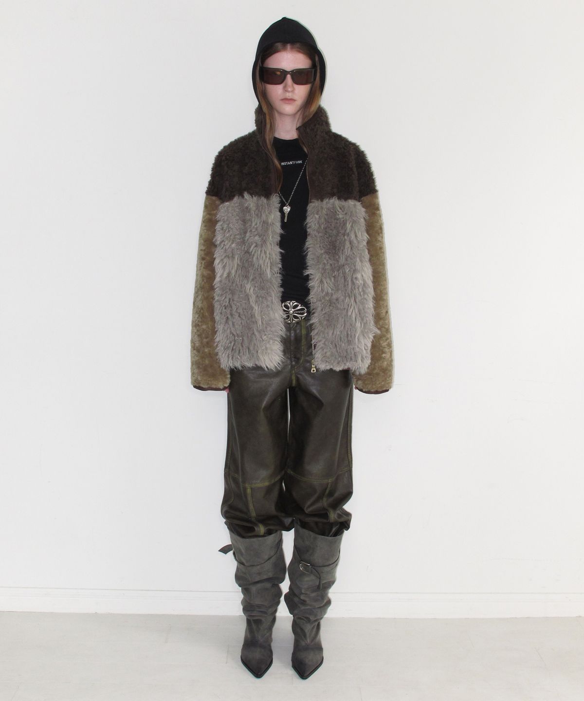 인스턴트펑크(INSTANTFUNK) MIXED FUR FLEECE ZIPUP JACKET - KHAKI