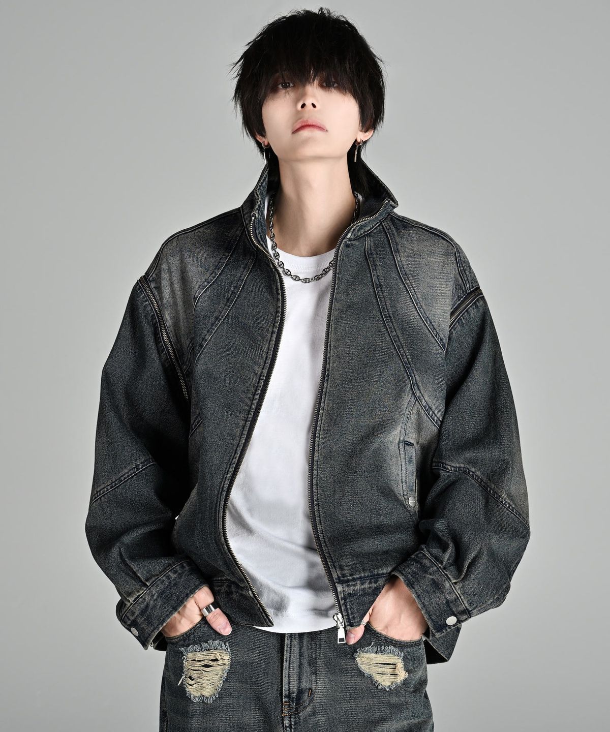 아들러(ADRER) 3way Zip Sleeve Blast Denim Blouson
