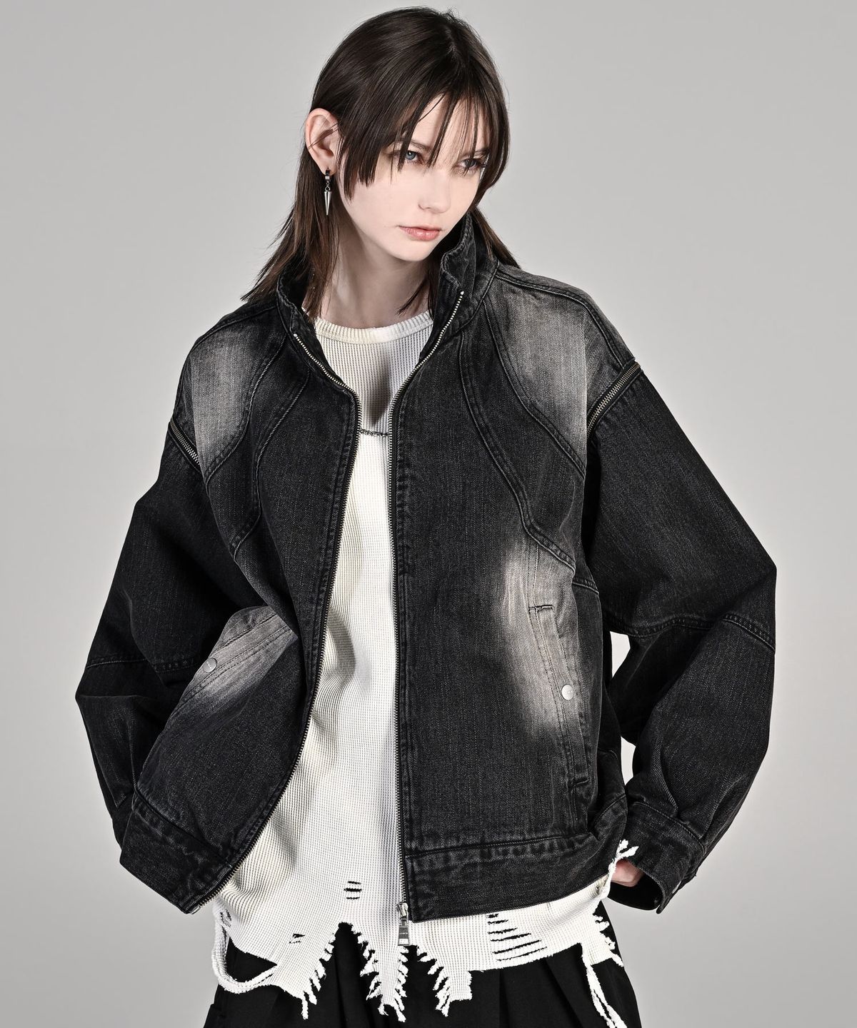 아들러(ADRER) 3way Zip Sleeve Blast Denim Blouson