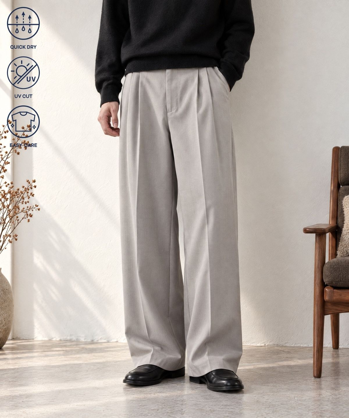 모노마트(MONO-MART) High-Twist Twill Center-Press Two-Tuck Wide Trousers