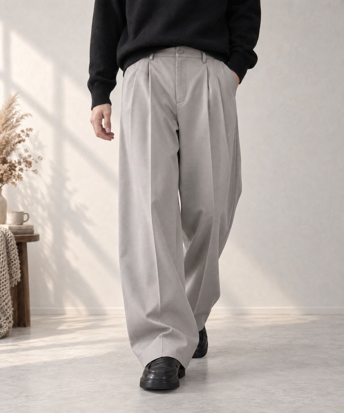 모노마트(MONO-MART) High-Twist Twill Center-Press Two-Tuck Wide Trousers
