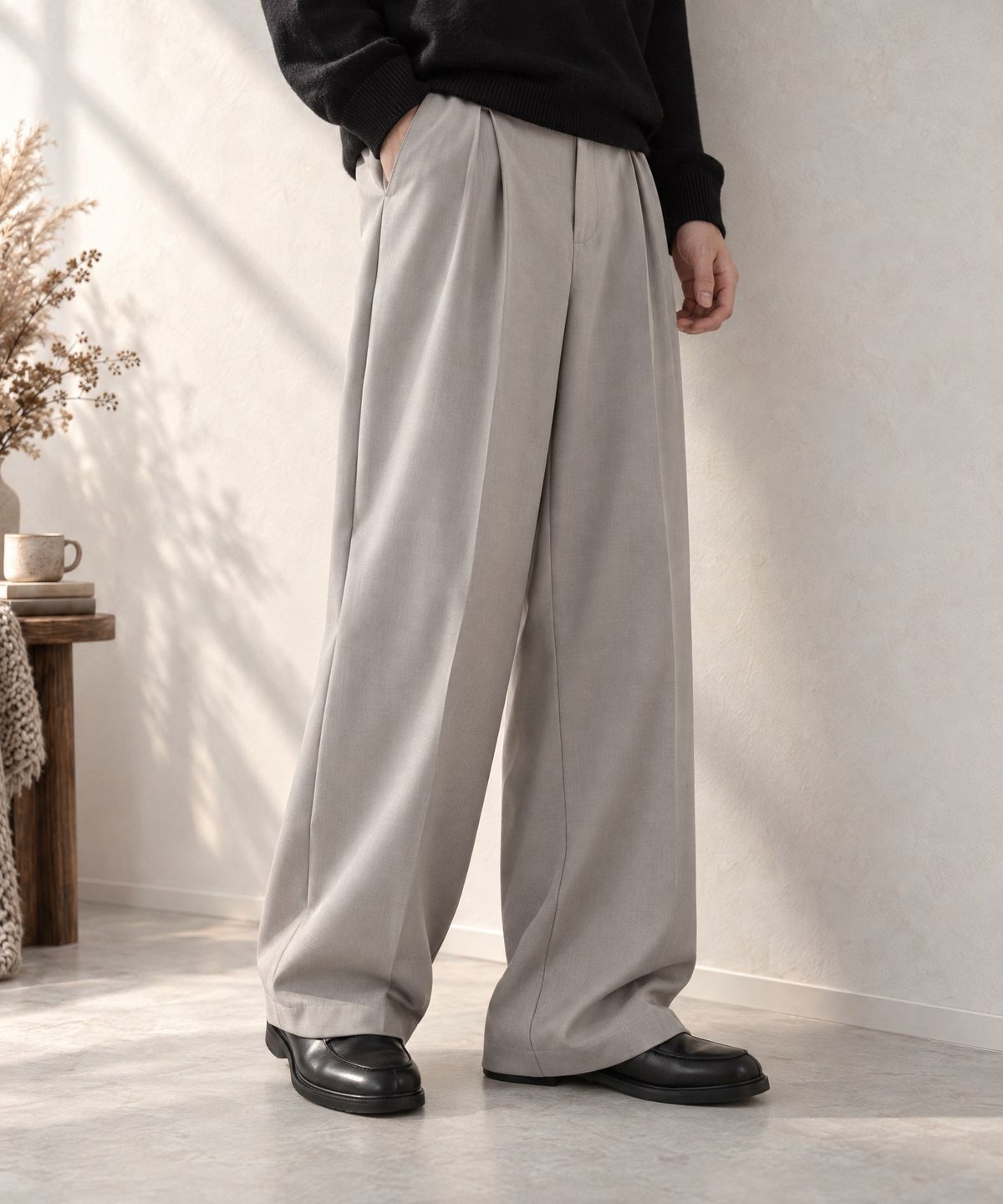 모노마트(MONO-MART) High-Twist Twill Center-Press Two-Tuck Wide Trousers