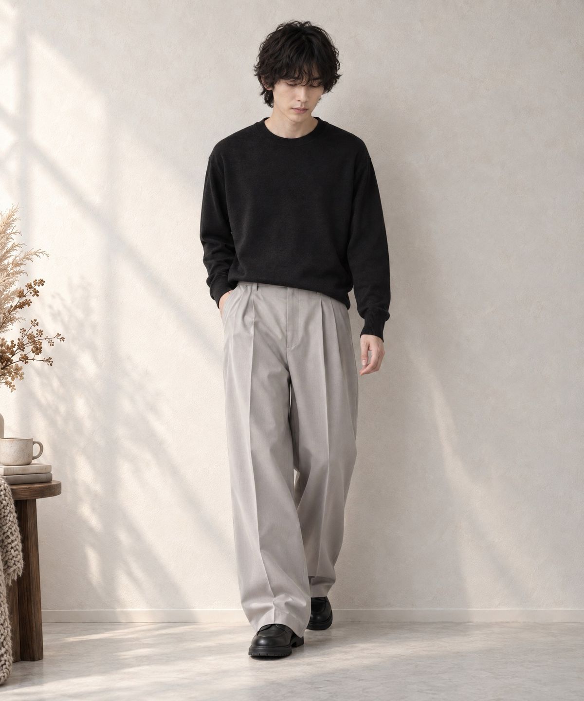 모노마트(MONO-MART) High-Twist Twill Center-Press Two-Tuck Wide Trousers