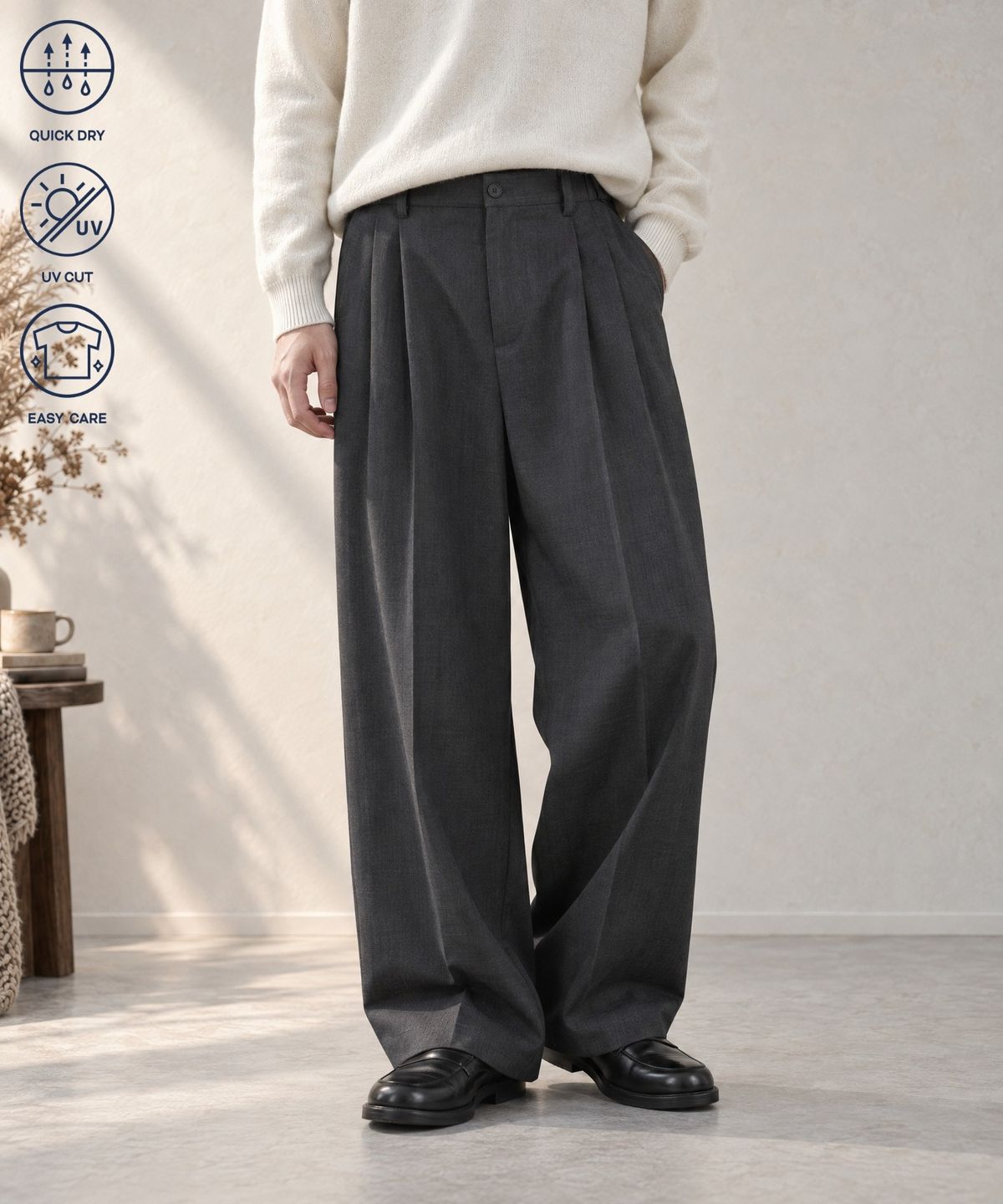 모노마트(MONO-MART) High-Twist Twill Center-Press Two-Tuck Wide Trousers