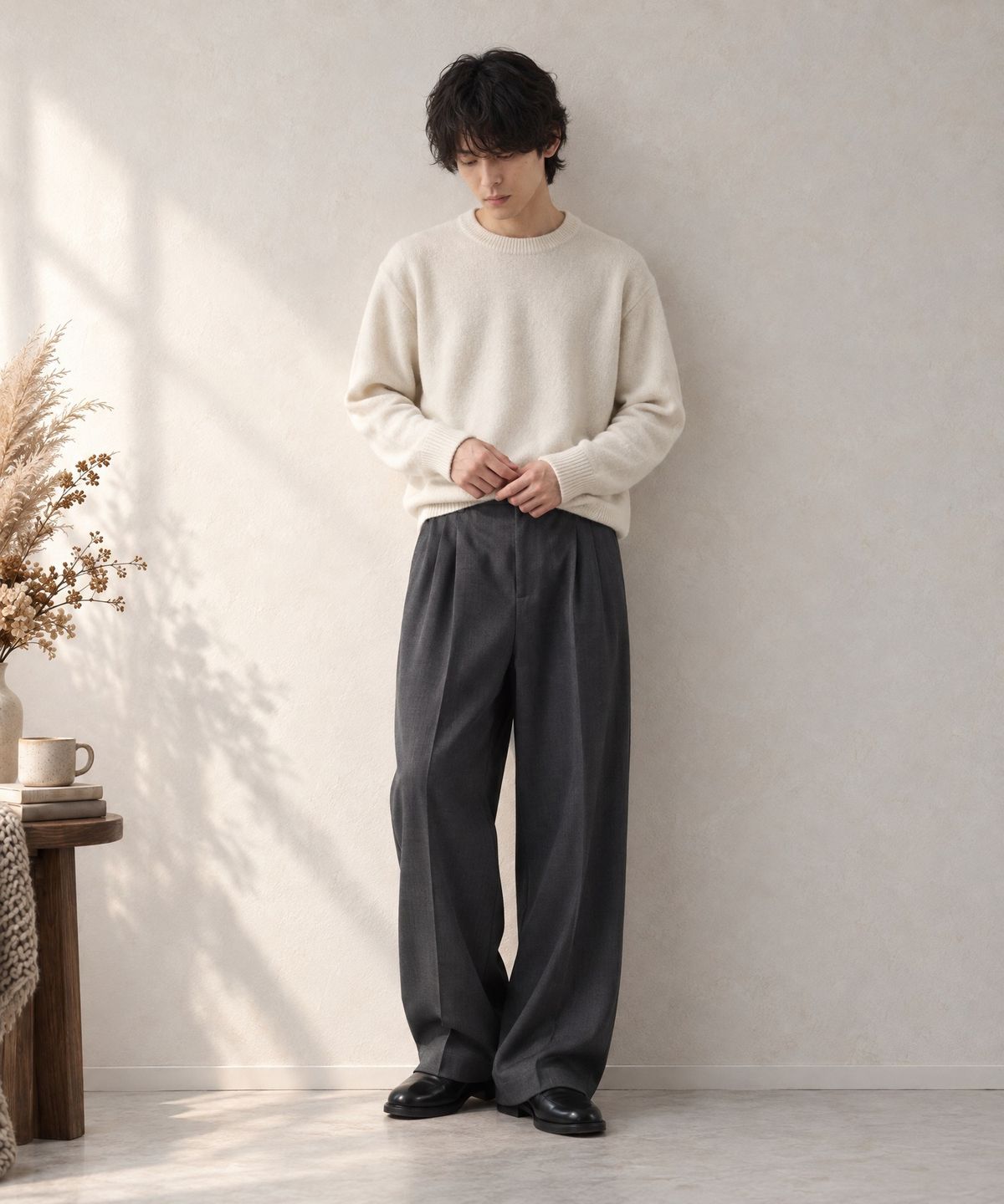 모노마트(MONO-MART) High-Twist Twill Center-Press Two-Tuck Wide Trousers