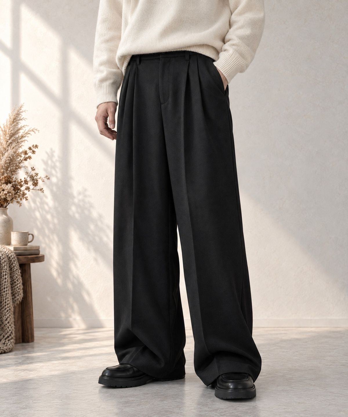 모노마트(MONO-MART) High-Twist Twill Center-Press Two-Tuck Wide Trousers