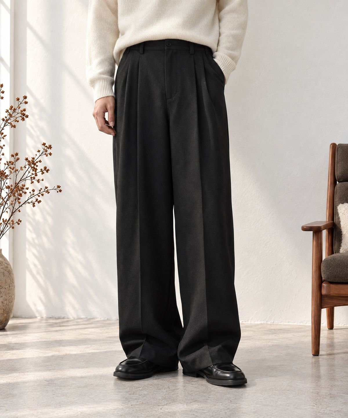 모노마트(MONO-MART) High-Twist Twill Center-Press Two-Tuck Wide Trousers
