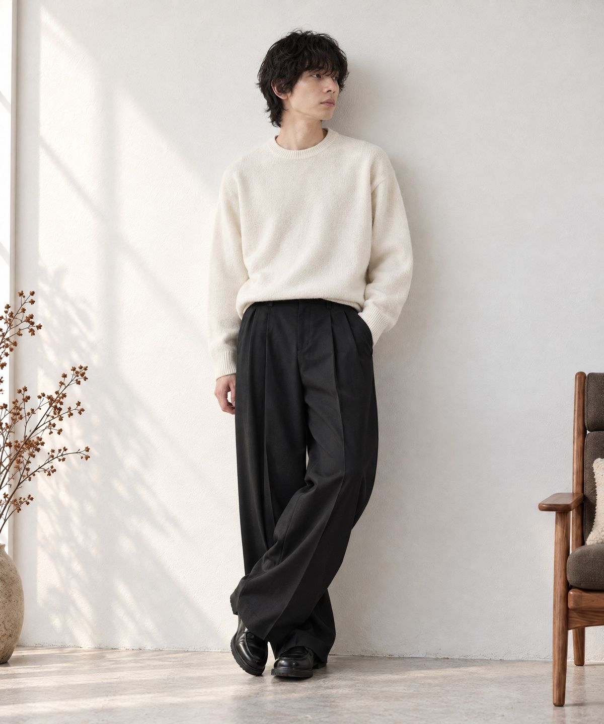 모노마트(MONO-MART) High-Twist Twill Center-Press Two-Tuck Wide Trousers
