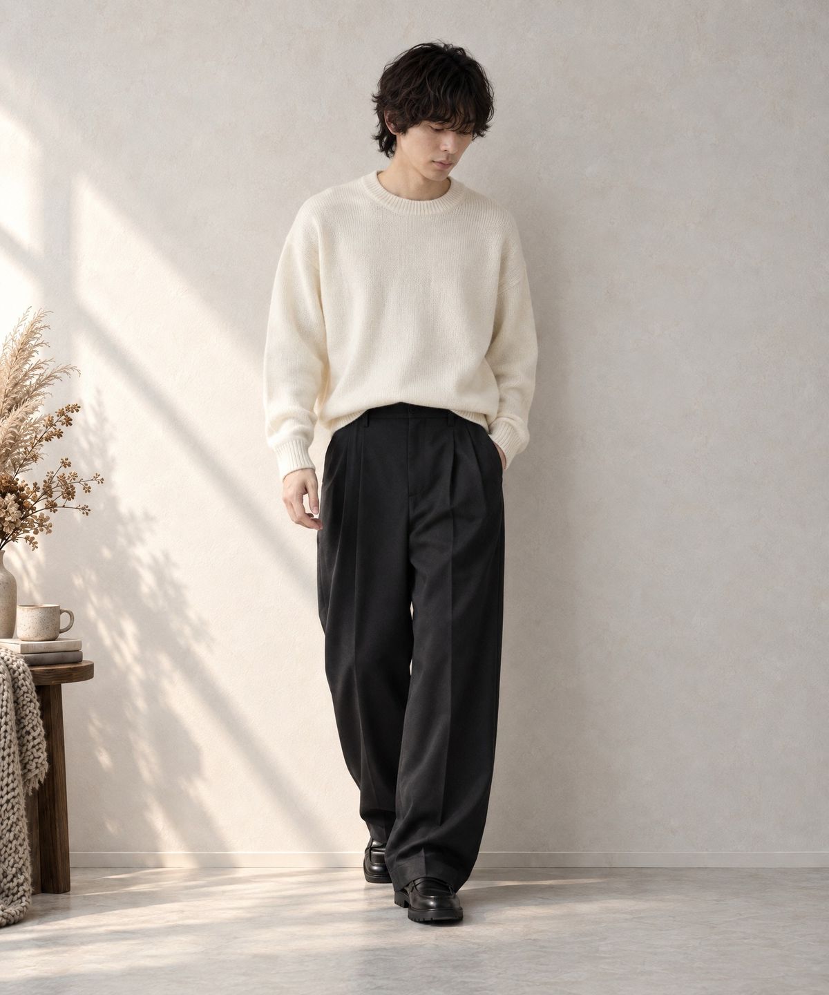 모노마트(MONO-MART) High-Twist Twill Center-Press Two-Tuck Wide Trousers