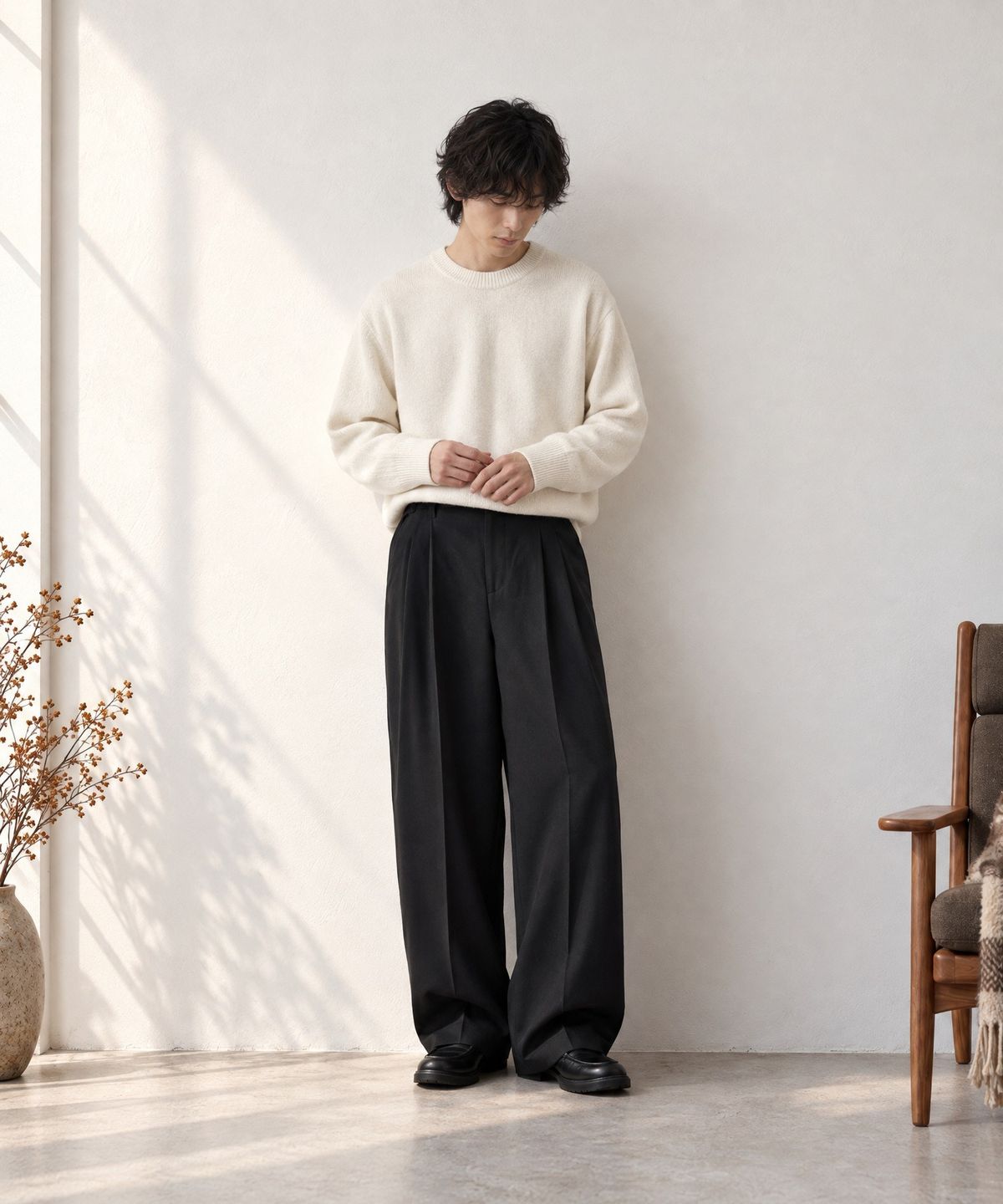 모노마트(MONO-MART) High-Twist Twill Center-Press Two-Tuck Wide Trousers