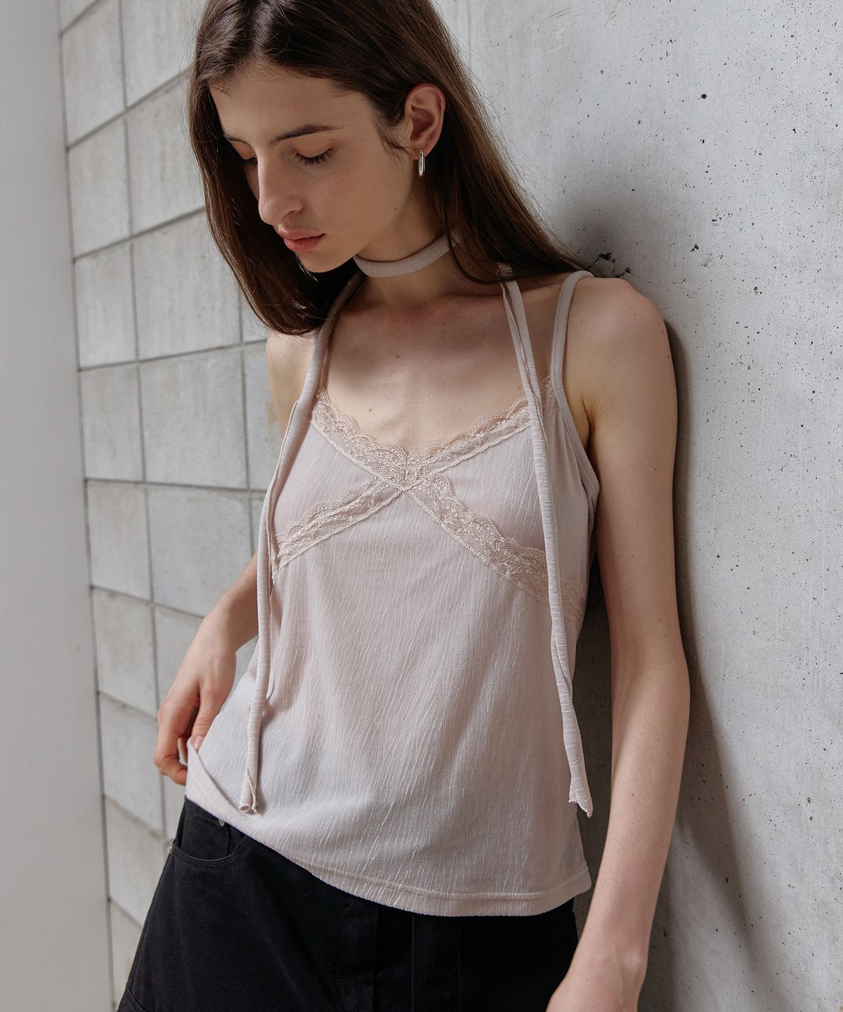 스르비(SELEVER) Velvet Lace Tie Camisole_3 Color