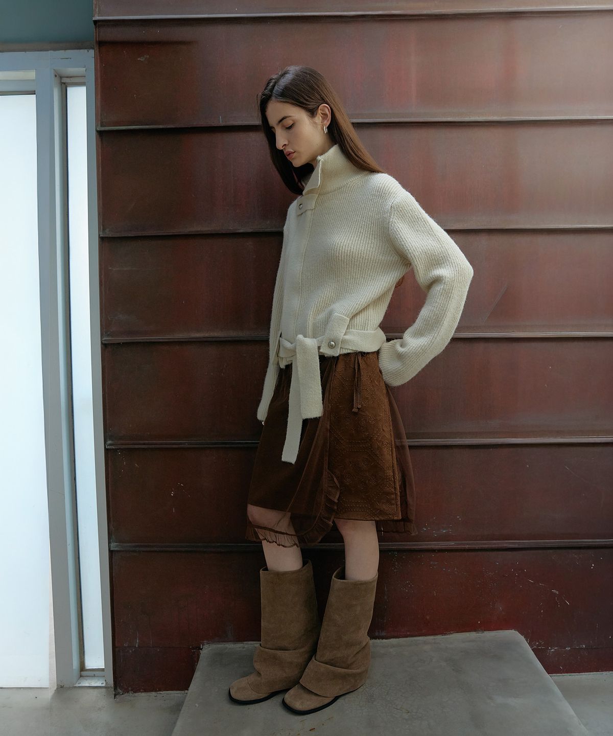 스르비(SELEVER) Letina Embroidered Suede Mesh Wrap Skirt_3 Color