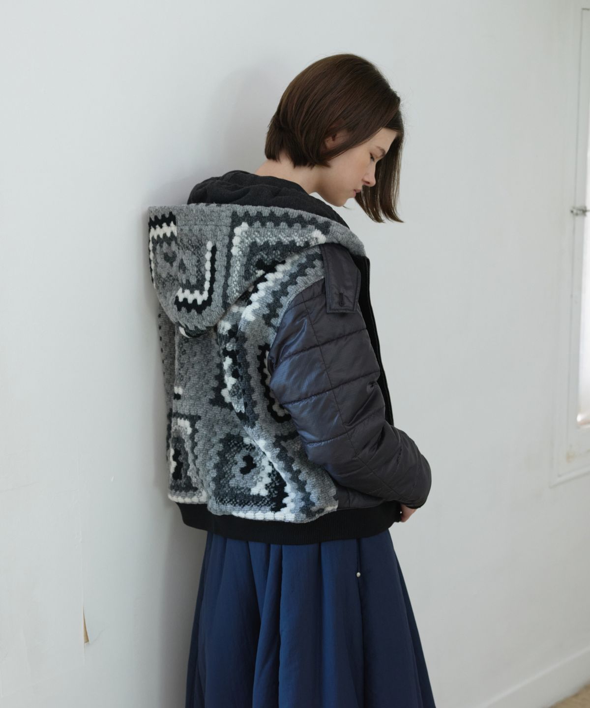 프리터(FRITUR) Quilted Crochet Hood Zip-Up Black_F263JP15