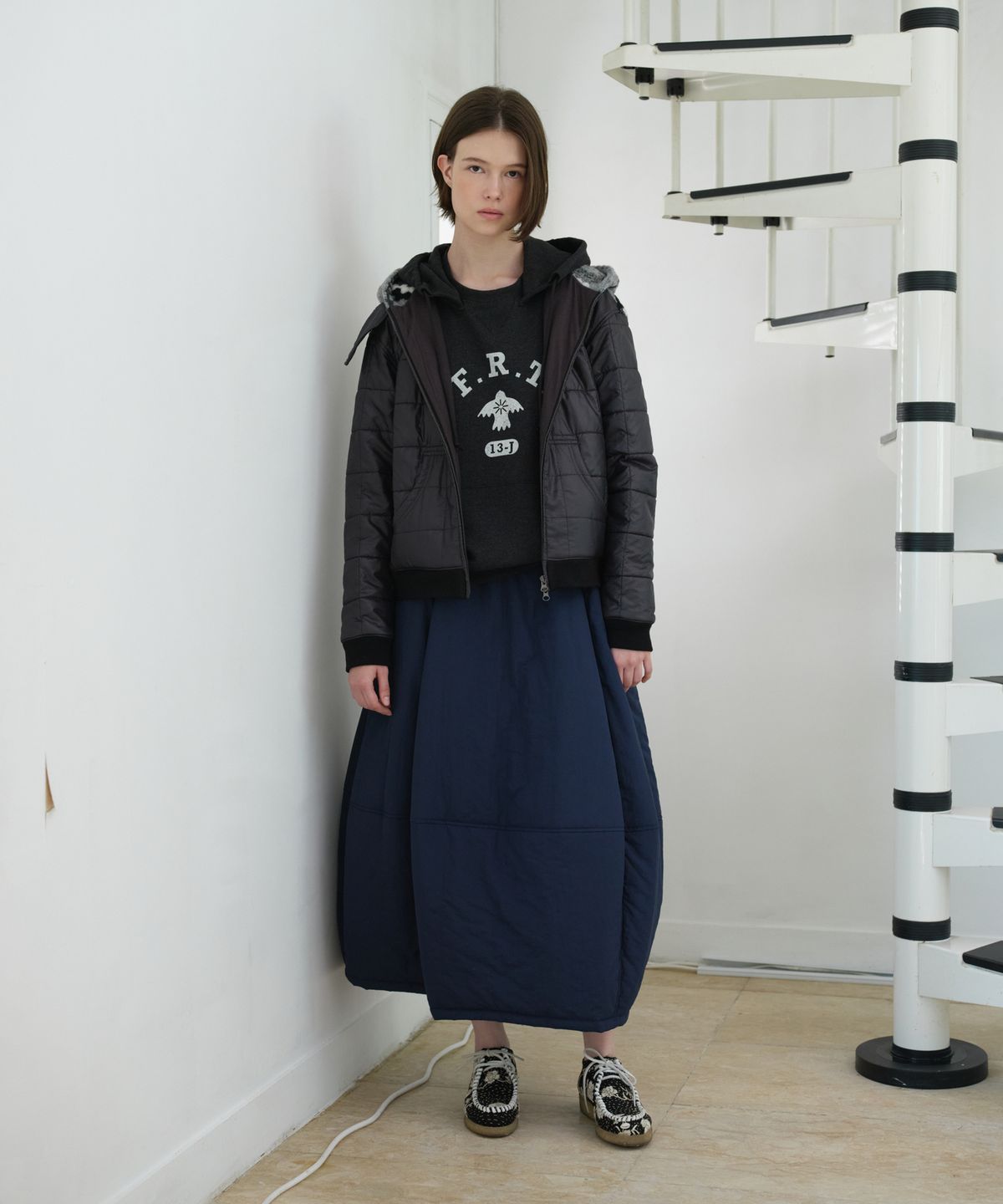 프리터(FRITUR) Quilted Crochet Hood Zip-Up Black_F263JP15