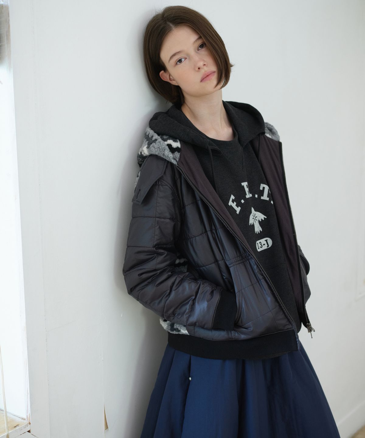 프리터(FRITUR) Quilted Crochet Hood Zip-Up Black_F263JP15