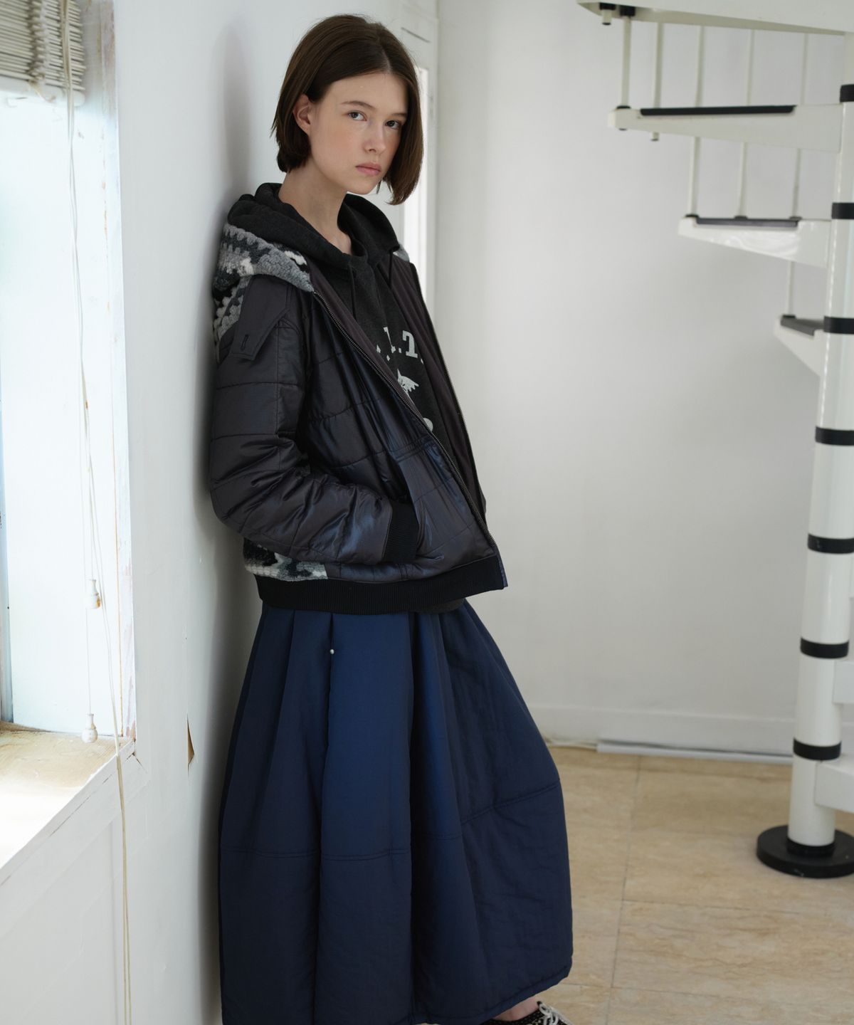 프리터(FRITUR) Quilted Crochet Hood Zip-Up Black_F263JP15