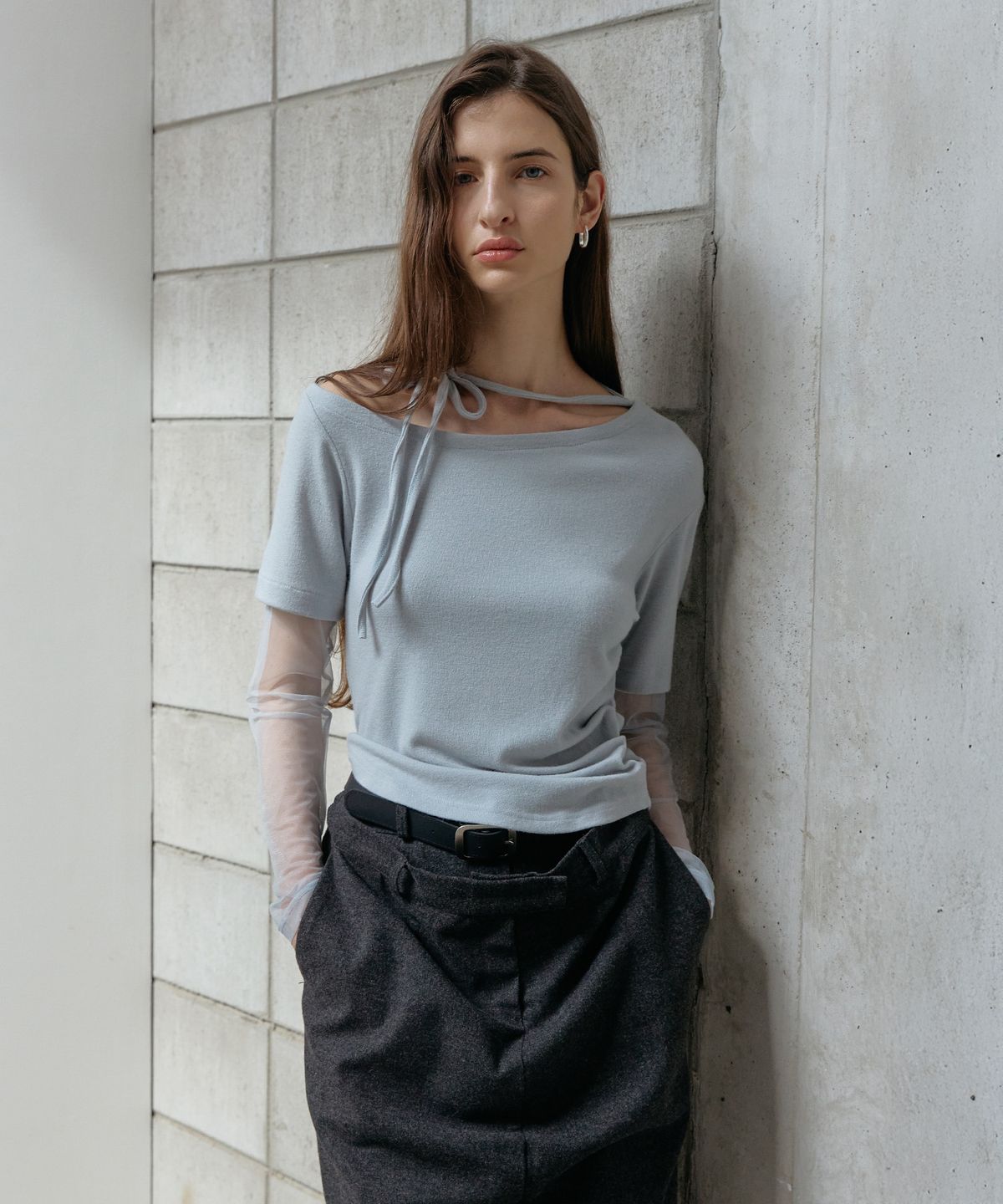 스르비(SELEVER) Miel Wool Mesh Layered Tie Tee_3 Color