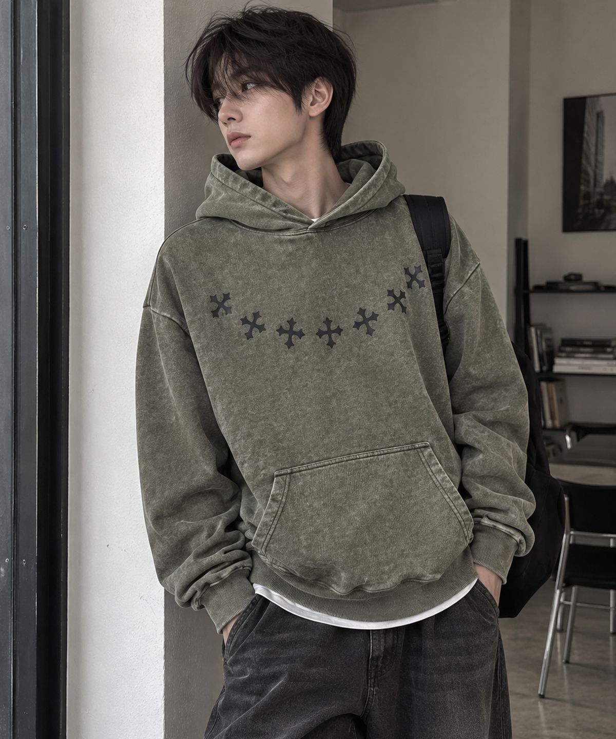 도톤(DOTON) CROSS ARC ACID HOODIE (Black)