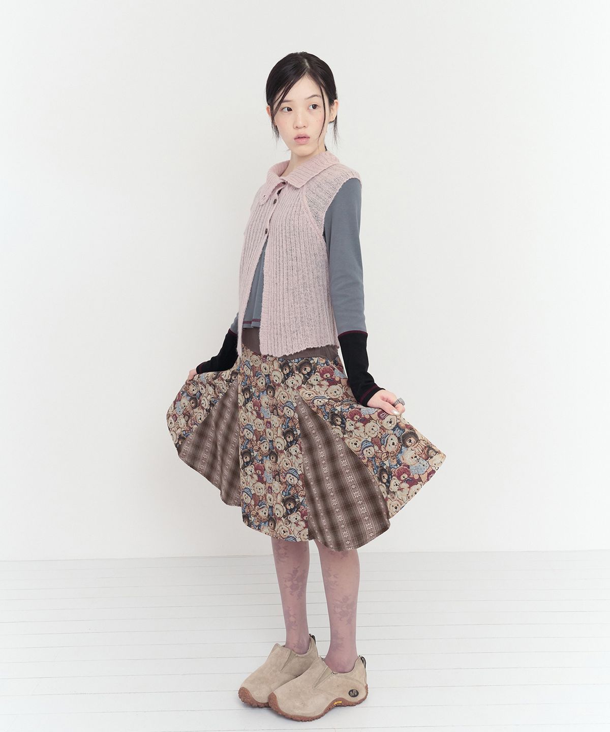 무음(MUWM) 패치워크 플레어 스커트 Patchwork Flare Skirt (Brown)