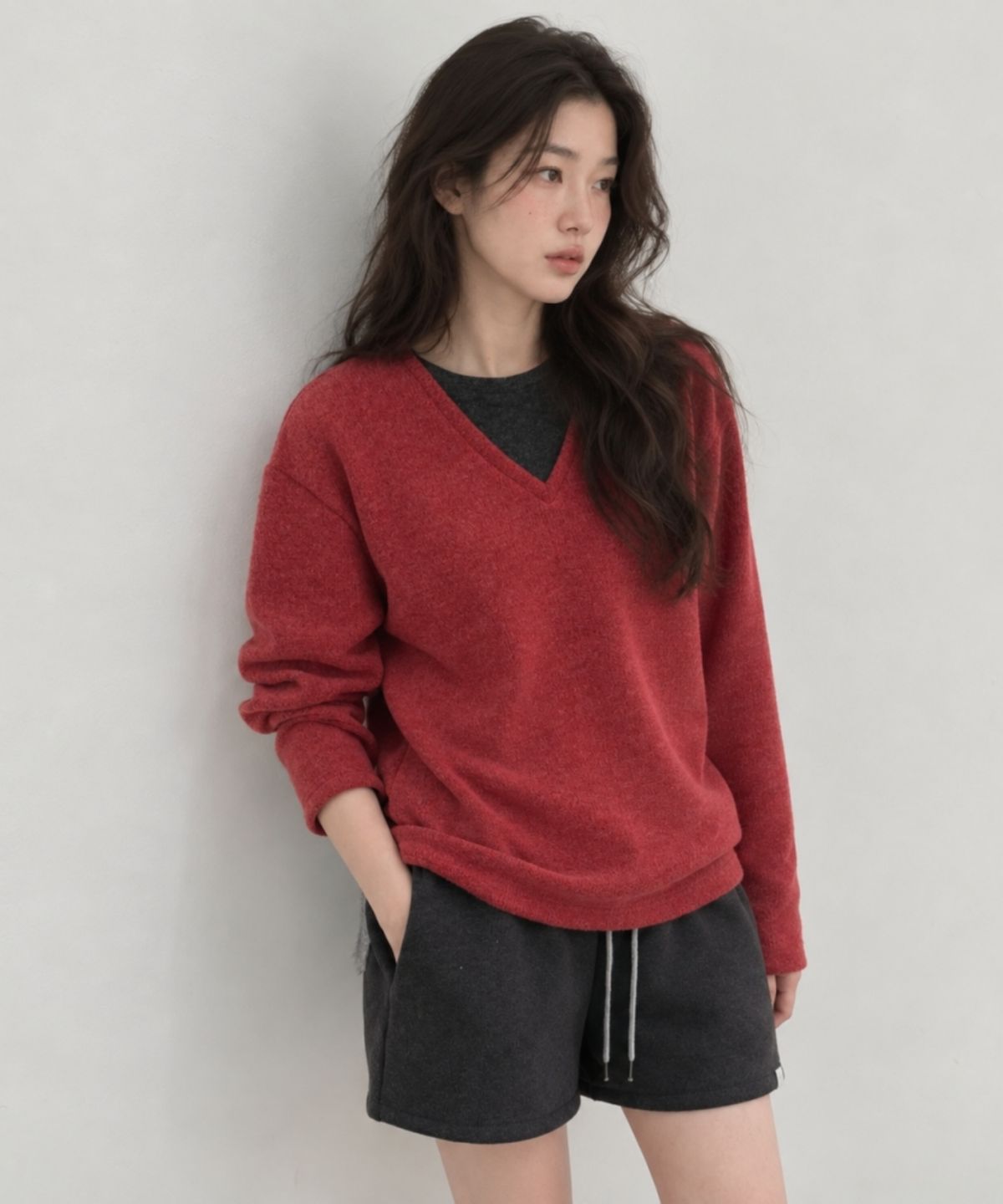 넌즈시(NUNZSI) 브러쉬 울 레이어드 풀오버 레드