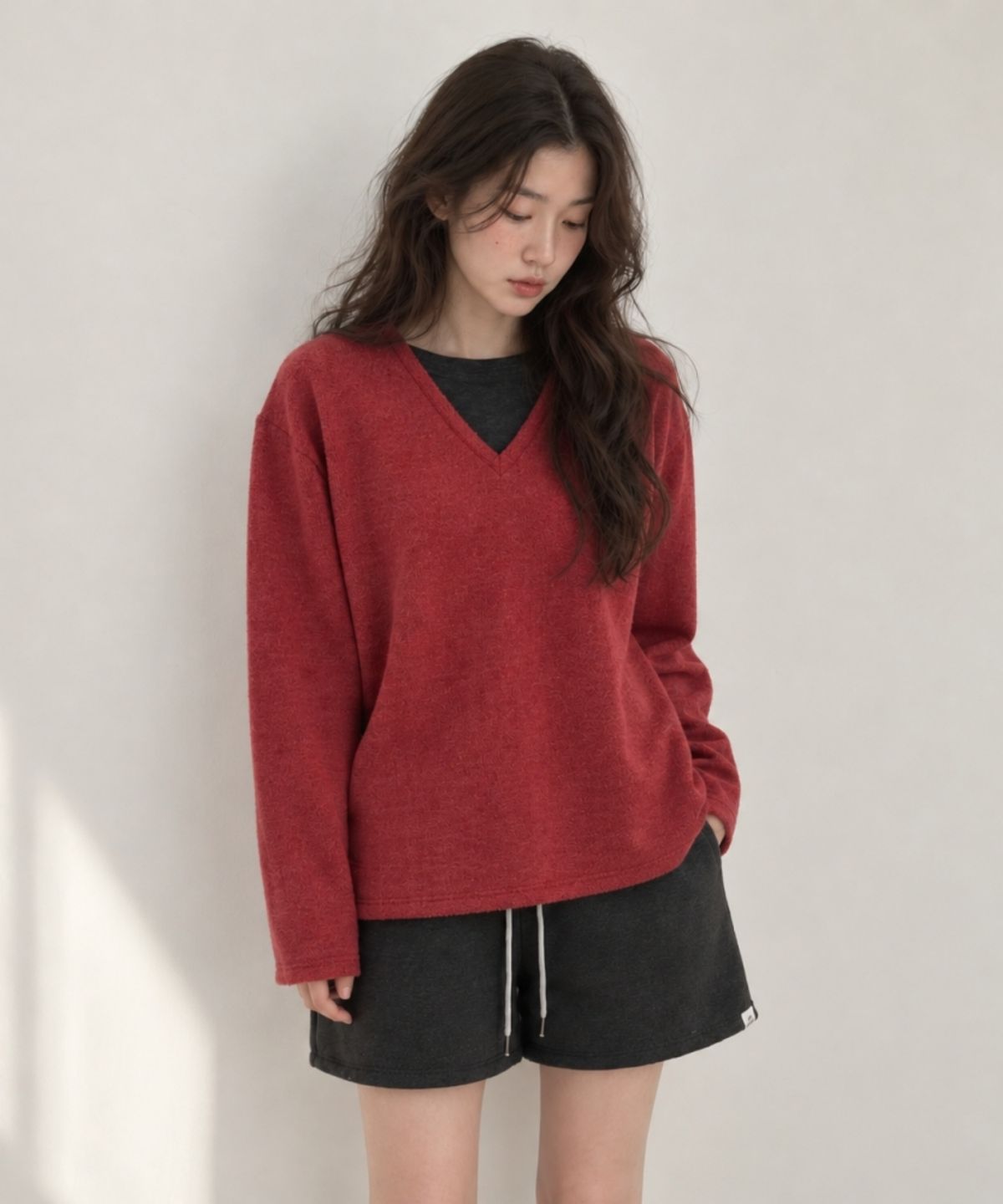 넌즈시(NUNZSI) 브러쉬 울 레이어드 풀오버 레드