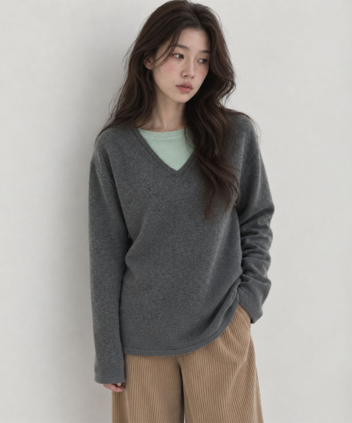 넌즈시(NUNZSI) 브러쉬 울 레이어드 풀오버 멜란지 그레이