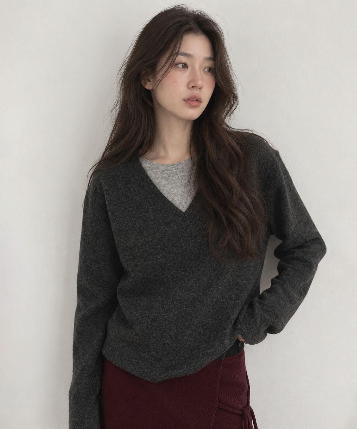 넌즈시(NUNZSI) 브러쉬 울 레이어드 풀오버 멜란지 차콜